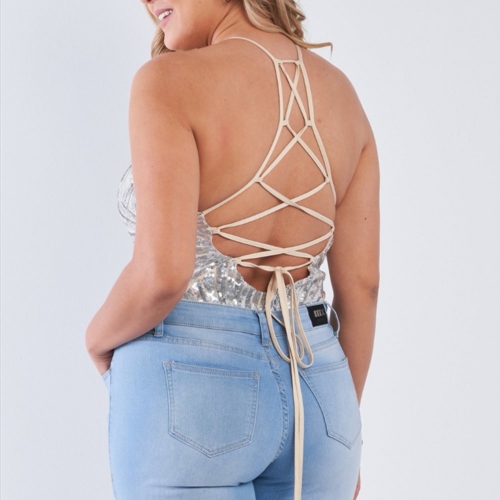 2/$60 Nude Silver Sequin Strappy Bodysuit - Picture 2 of 6